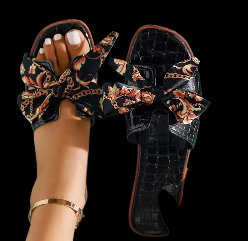 Bow Knot Flat Sandals Black